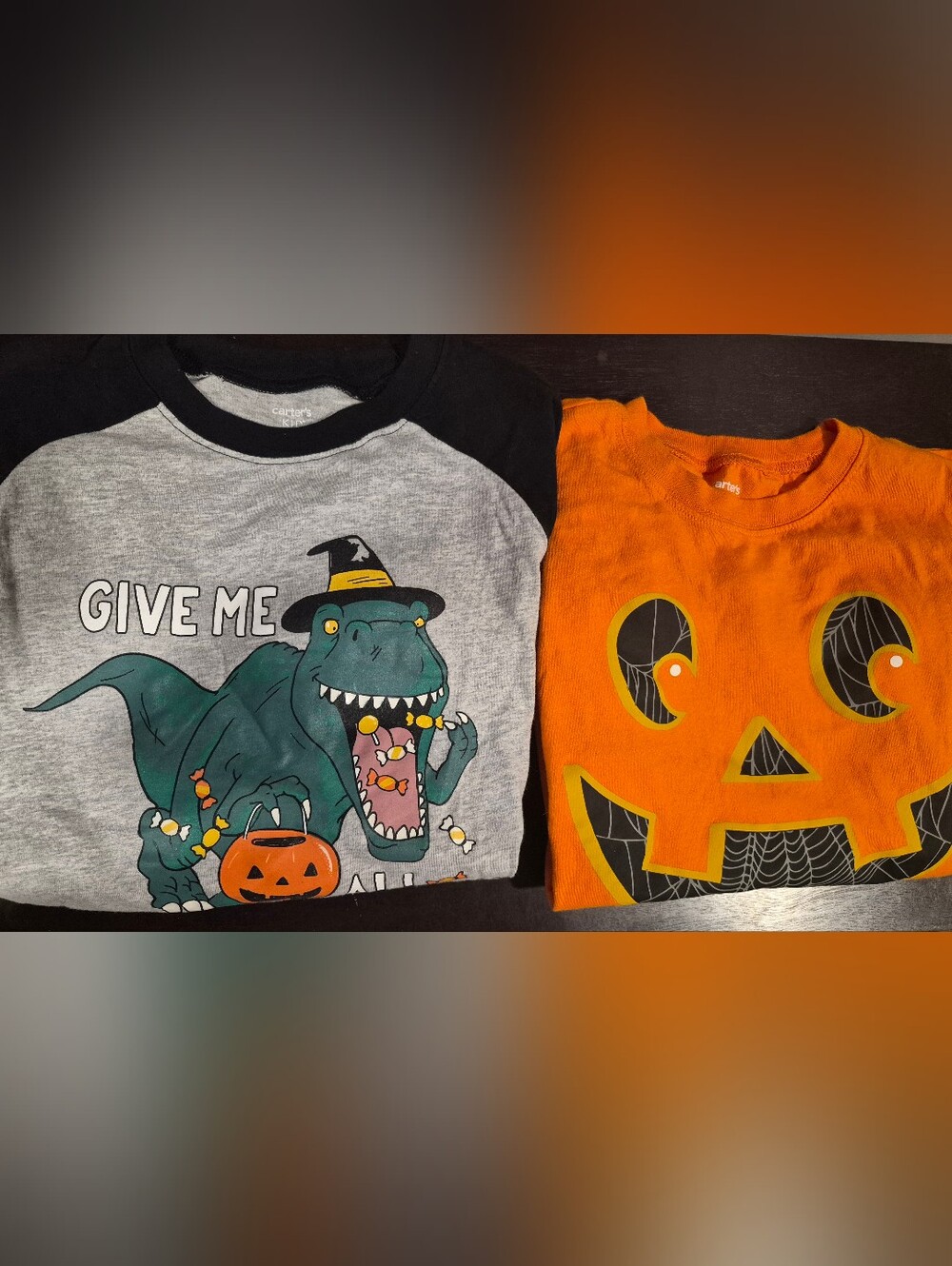 Carter's Orange Pumpkin Face & Gray Raglan Dino Halloween Tees